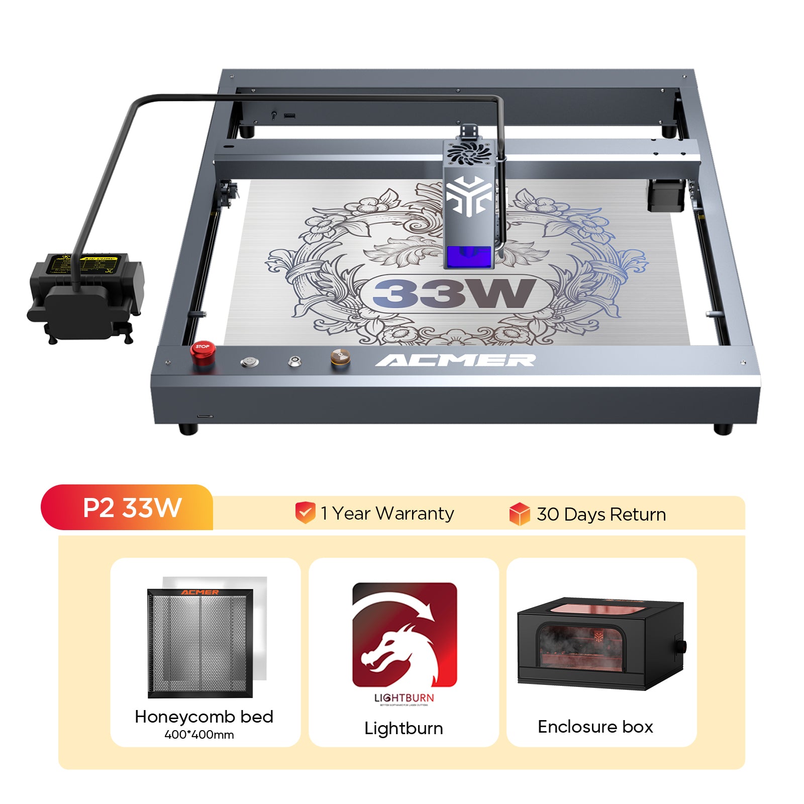 P2 33W+Lightburn+Honeycomb bed+Enclosure Box